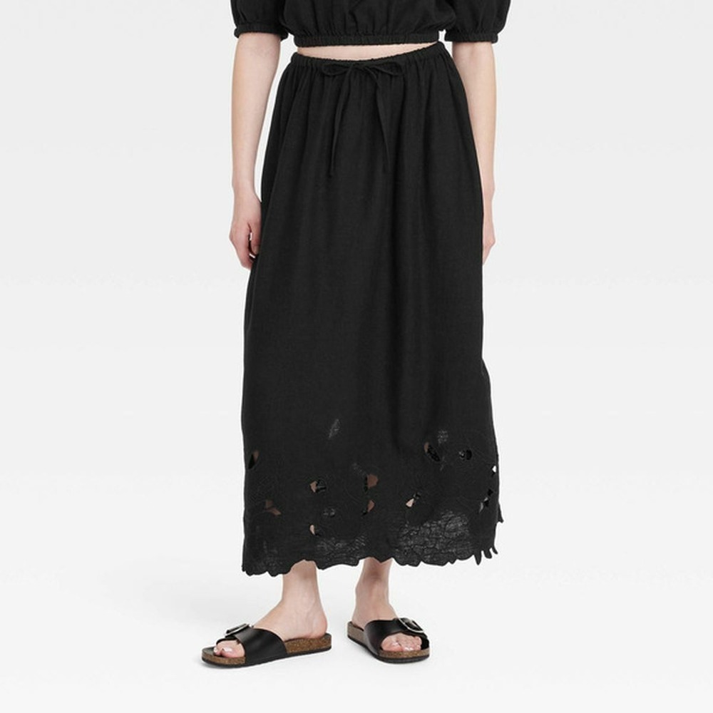 Universal Thread Maxi Skirt Small Black Boho Linen Blend Eyelet Embroidered Hem
